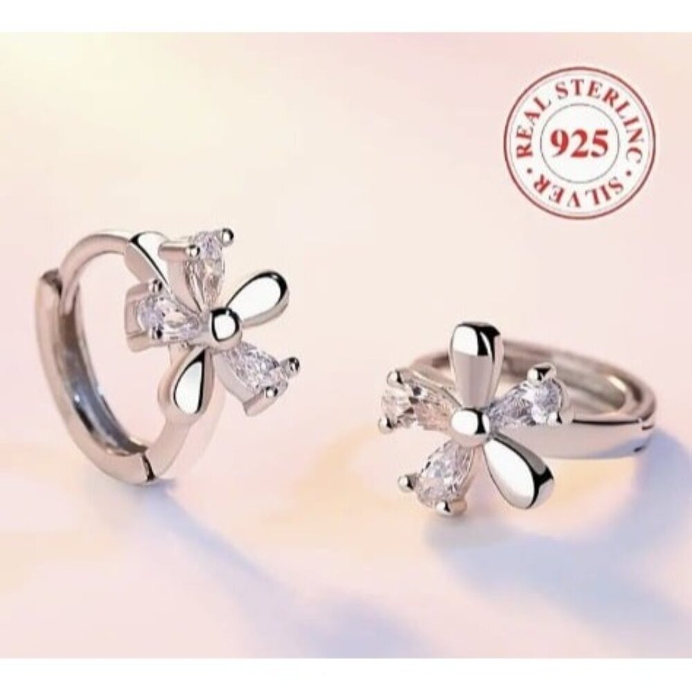 Sterling Silver Stimulated Diamond Zircon Flower Huggie Earrings - Picture 5 of 6